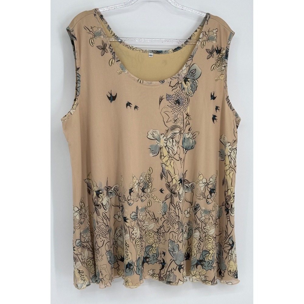Tan Floral Bird Print‎ Mesh Overlay Sleeveless Tank Top Plus Sz 4XL Scoop Neck